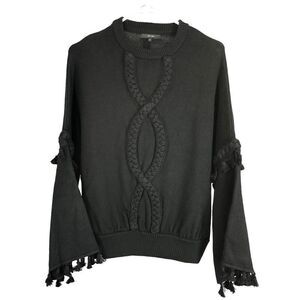 ZOW‎ ZOW Wool Blend Black Braided Design Tassels Bell Sleeve Sweater Sz M